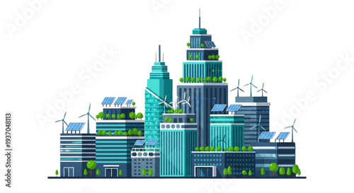 Green city skyline with renewable energy sources and lush vegetation