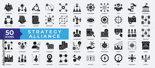 Strategy Alliance Icon Set Solid Style with Partnership, Collaboration, Cooperation, Synergy, Integration, Coordination, Networking, Alignment, Commitment, Government, Agreement, Contract and more
