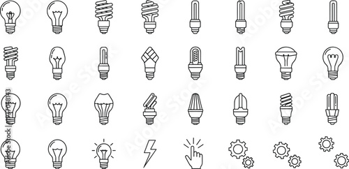 Light bulb and energy saving lamp icon set with LED, fluorescent, idea symbol, electricity, and lighting technology vector illustration