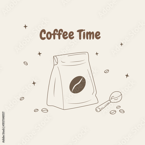 Coffee Time Poster with Coffee Bag and Scoop, Hand Drawn Coffee Doodle Illustration