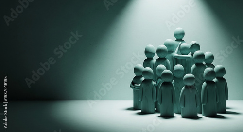 Sculpted figures forming a crowd, spotlit on light-green backdrop, representing collaboration, team, leadership, with free space for text, banner