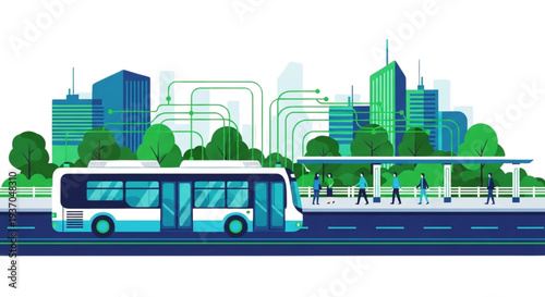 Futuristic smart bus stop in a modern green city with advanced transportation solutions