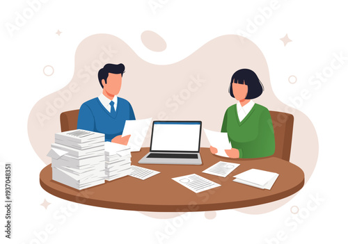 Business meeting vector illustration of two people discussing documents and laptop at round table