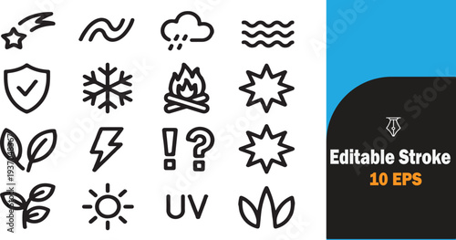 Set of editable stroke icons featuring weather and nature symbols for graphic design projects