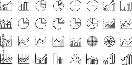 Business analytics and statistics chart icon set with pie charts, bar graphs, line graphs, data analysis and financial report vector illustration