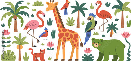 Cute cartoon jungle animals vector set with giraffe, flamingo, birds, bear, palm trees, leaves, and tropical nature elements