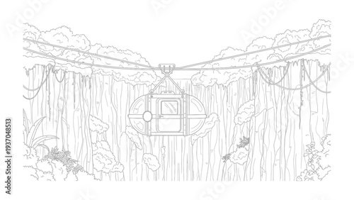 Ropeway in the Jungle: An artist's black-and-white illustration captures a cable car journey through a verdant jungle. suspended between lush treetops and cascading vines.