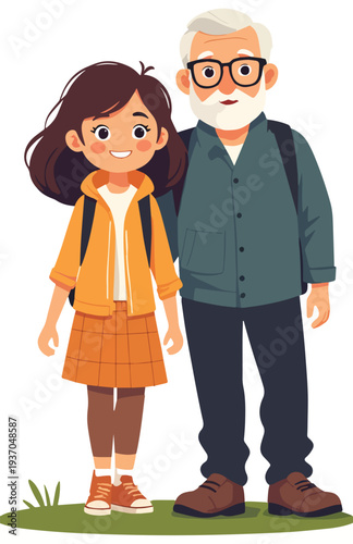 BAMBINA E NONNO NIPOTE IN CAMPAGNA IN GIRO PER IL PRATO VERDE ESTATE MONTAGNA , VETTORIALE 