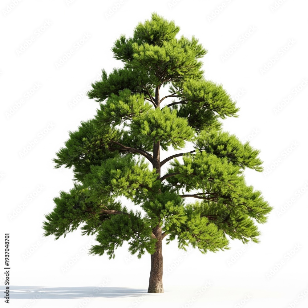 Fototapeta premium Green Pine Tree Against White Background in Summer