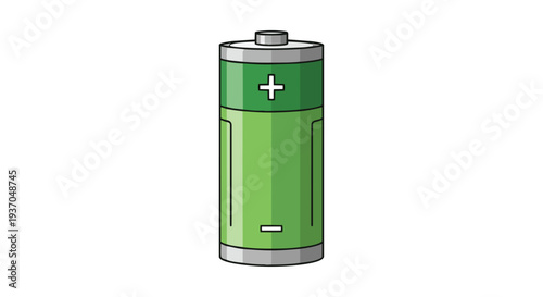 Green AA Battery with Plus and Minus Symbols, Isolated on White Background