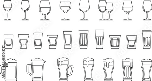 Alcohol drink glassware line icon set with wine glasses, whiskey tumblers, beer mugs and bar beverage glass vector illustration collection