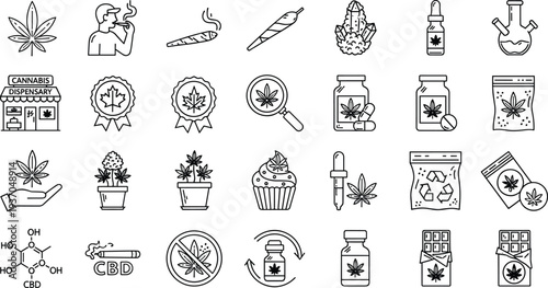 Cannabis and marijuana line icon set with hemp leaf, CBD oil, joint, dispensary products and medical cannabis vector illustration collection