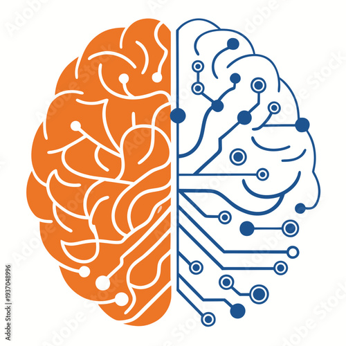A stylized digital illustration of a human brain, vertically divided to represent the duality between biological nature and digital technology.