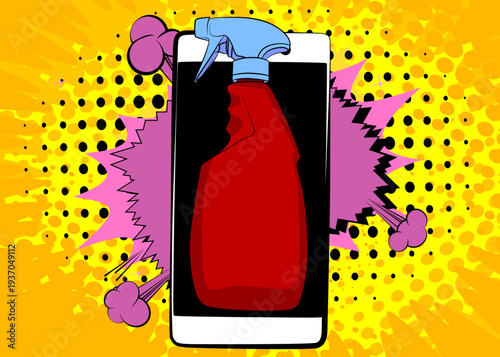 Cartoon Smartphone, comic book Telephone with Spray Bottle. Retro vector comics pop art design.