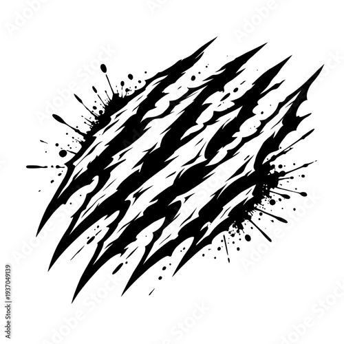 Aggressive Black Claw Marks Vector with Dynamic Ink Splatters and Grunge Effect, Ideal for Powerful Designs, Wild Animal Themes, Comic Book Art, Game Graphics, and Fierce Marketing Materials. A Raw, D