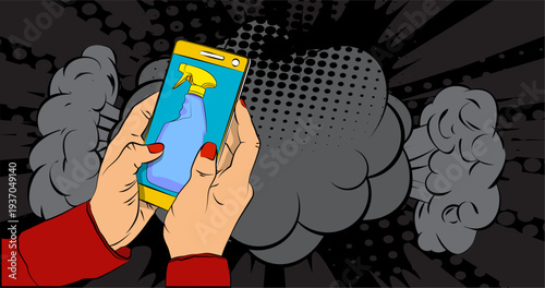 Cartoon Smartphone, comic book Telephone with Spray Bottle. Retro vector comics pop art design.