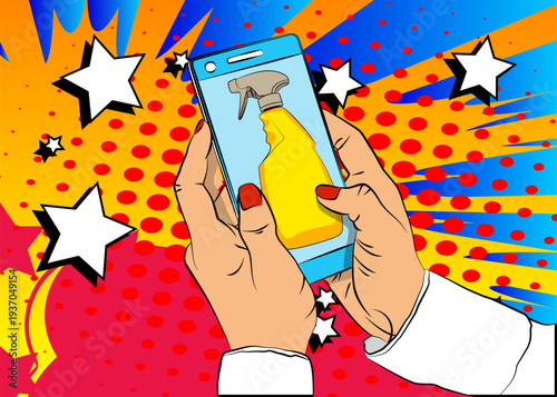 Cartoon Smartphone, comic book Telephone with Spray Bottle. Retro vector comics pop art design.