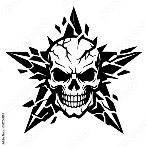 Bold vector art of a cracked skull in a shattered star. Black and white graphic, embodying rebellion, untamed power, and destruction. Perfect for edgy tattoos, apparel, logos, heavy metal, punk, gothi