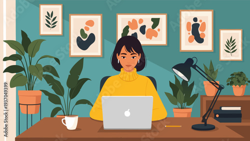 Cozy home office vector illustration with woman working on laptop surrounded by plants and artwork