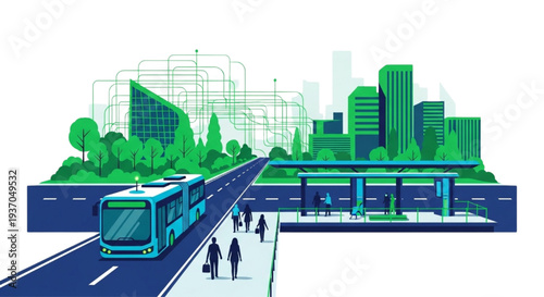 Modern Urban Commute with Efficient Public Bus System, Green City Buildings, and Sustainable Infrastructure Design