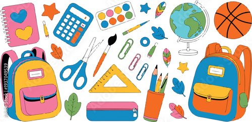 School supplies illustration set with backpacks, stationery, paint tools, globe, and learning accessories in colorful flat vector style