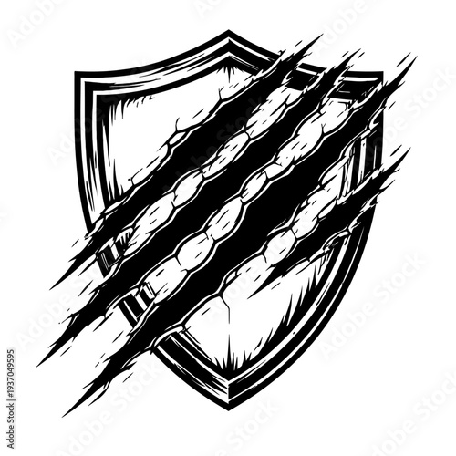 A striking black and white vector emblem featuring a shield ripped by ferocious claw marks, symbolizing ultimate protection, raw power, and an unyielding, indomitable spirit. Ideal for gaming, sports,