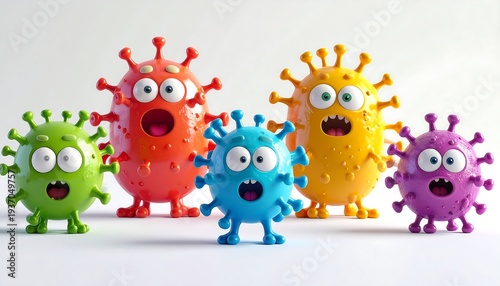 3D rendered cartoon of germs, viruses, or microbes with eyes and mouths, against a bright, gradient background