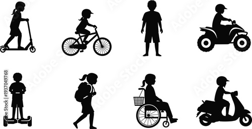 Black silhouette set of children using scooter bicycle quad bike hoverboard wheelchair and moped, diverse mobility and transportation, flat vector illustration