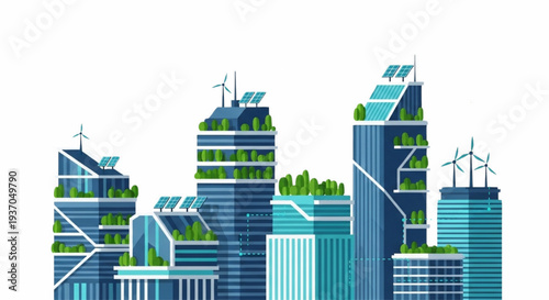 Modern sustainable skyscrapers with green rooftops and wind turbines