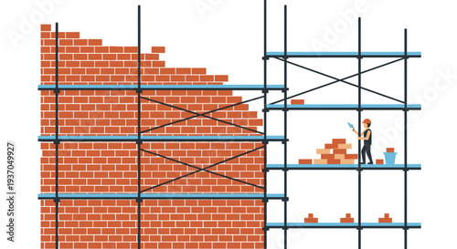 A construction worker building a red brick wall on scaffolding with bricks.