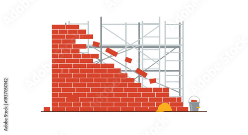 A partially demolished red brick wall with falling bricks and scaffolding.