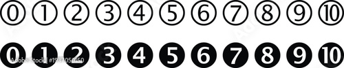 Number icons zero to ten for counting, labeling, and interface design. Minimal outline and solid circle digits for lists, steps, and navigation markers. Clean numeric symbols for dashboard, 