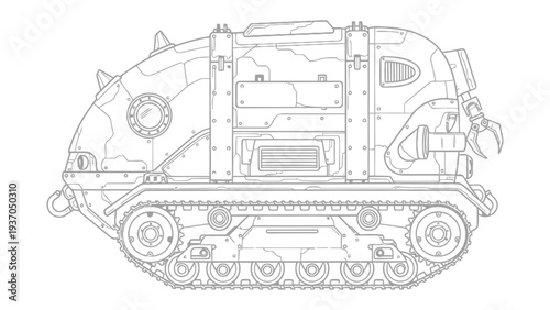 Industrial Fortress: A detailed line drawing showcases a robust, tracked vehicle, hinting at heavy-duty applications. Its intricate design suggests a blend of utility and protection.