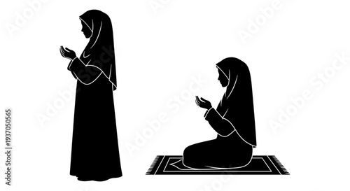 Set of 2 Muslim women praying vector illustrations