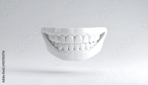 3D rendering of teeth on a pale, light background. Missing a tooth on the left side of the rendering