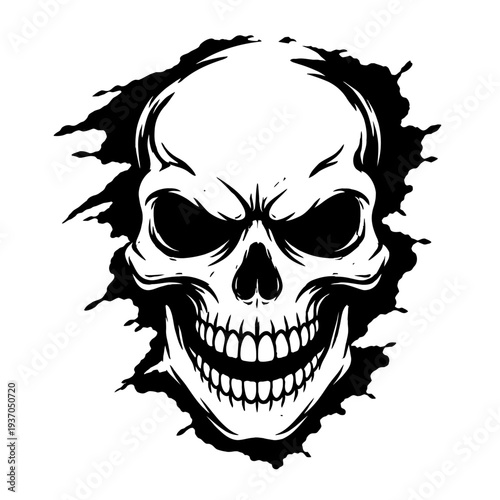 Aggressive skull with menacing eyes and wide grin, monochrome art bursting through jagged background. Ideal for tattoos, edgy apparel, dark themes, and horror designs, this fierce illustration capture