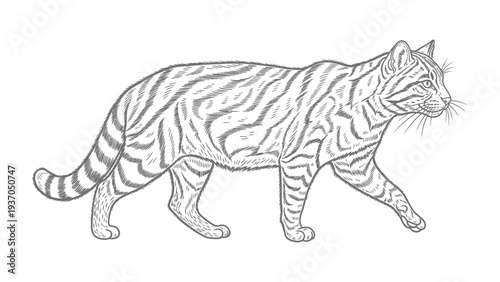 Striking Tiger Illustration: A detailed black and white illustration of a majestic tiger walking gracefully, capturing the animal's powerful form and iconic stripes.
