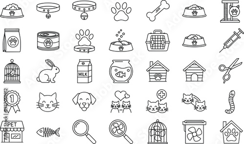 Pet care and veterinary line icon set with cat, dog, food bowl, paw, cage, grooming tools and animal clinic vector illustration
