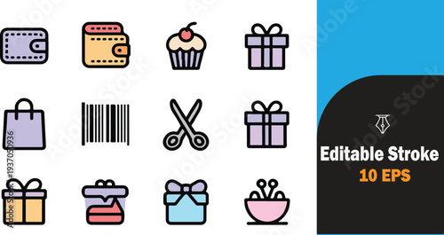 Set of ten editable stroke icons featuring gift and shopping related items isolated on transparent background