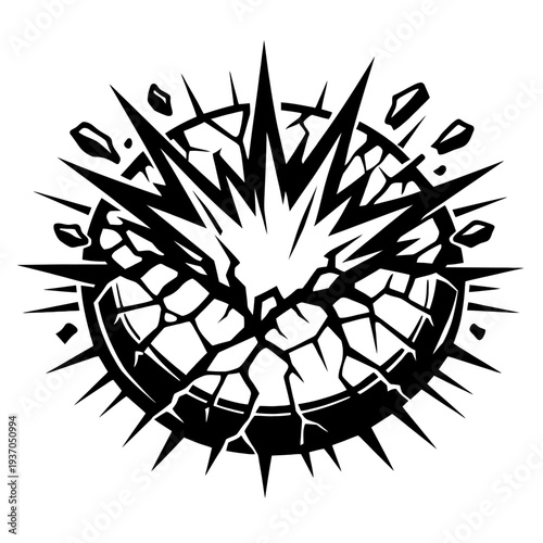 Powerful B&W vector explosion art: internal burst shatters a spiky, cracked sphere. Sharp fragments erupt, symbolizing catastrophic destruction, intense impact, and raw energy. Ideal as a dynamic game