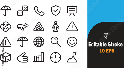 Set of editable stroke icons featuring various symbols and objects isolated on transparent background