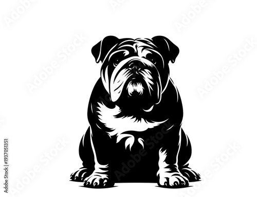 Front view illustration of a sitting English Bulldog in black and white
