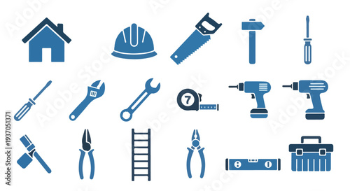 A vector graphic set of blue and dark blue icons featuring various construction, DIY, and handyman tools alongside a house and safety hard hat.
