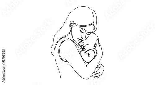 Continuous One Line Mother Holding Baby Vector – Minimal Black Line Art Motherhood Illustration