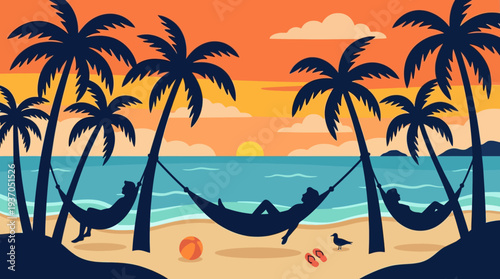Sunset Beach with Palm Trees and Hammock along a Tropical Ocean Landscape.
