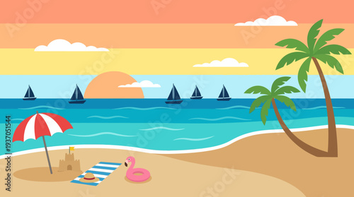 Sunset tropical beach scene with palm trees, lounge chair, umbrella, and flamingo float on the sandy shore.