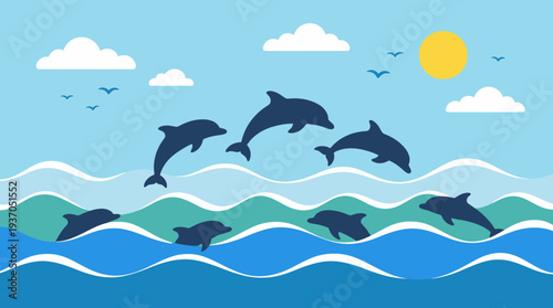 Dolphins Jumping Over Ocean Waves Under a Bright Sunny Sky.