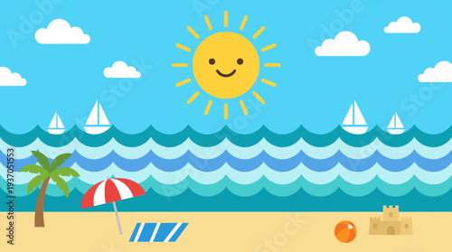 Sunny Beach Scene with Palm Trees, Boats, and Calm Ocean under a Bright Sky.