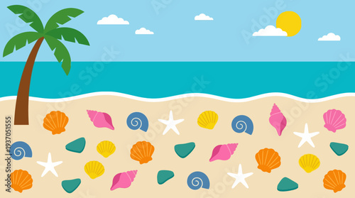 Colorful Tropical Beach Scene with Palm Trees, Shells and Ocean.