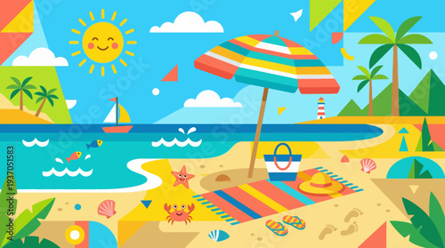 Bright Sunny Beach Scene with Palm Trees, Umbrellas and Beach Chairs by the Sea.
